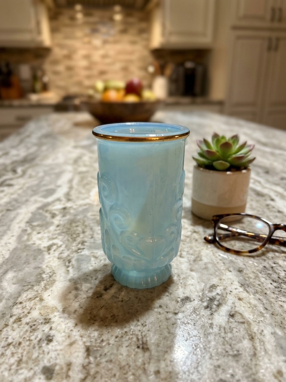 Vintage Avon Blue Satin Glass Tumbler w/ Gold Rim – Embossed Scroll